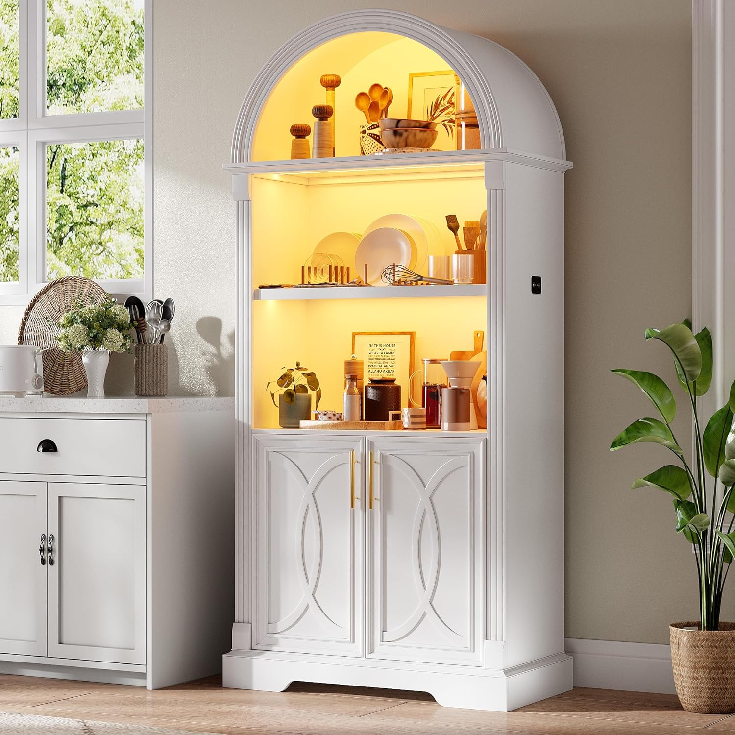 Vlsrka 71" Tall Arched Cabinet, Kitchen Pantry Cabinets, Arched Bookshelf/Bookcase,China Cabinet, Wood Kitchen Storage Cabinets with Open & Adjustable Shelves, Induction 3 Color Lights, White