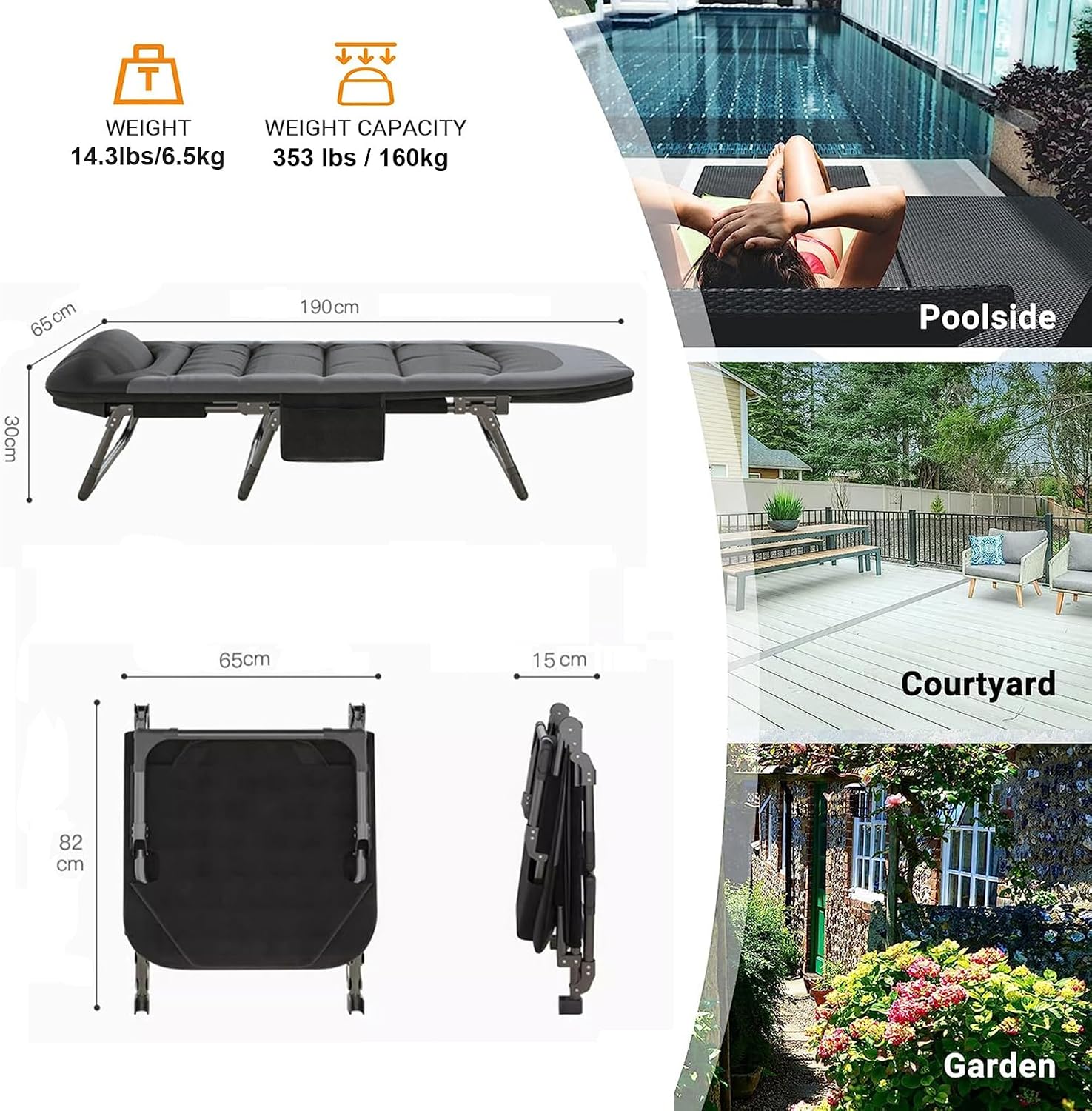 Folding Lounge Chairs for Outside, Portable Camping Cot, 6-Position Chaise Lounge Chairs with Side Pocket and Mattress, Heavy Duty Chaise Lounges for Outdoor Patio Balcony Beach (Black)