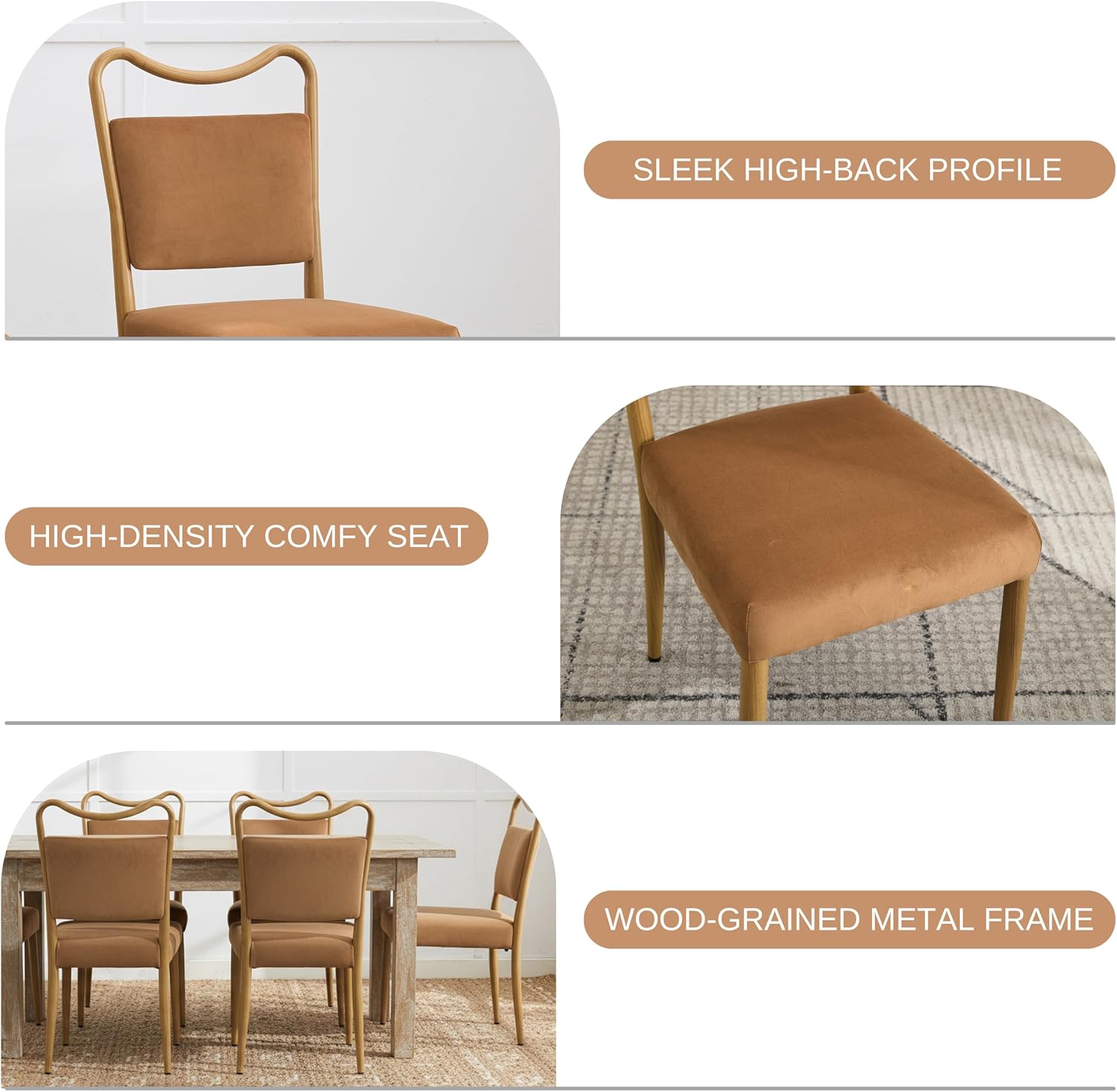 Velvet Dining Chairs Set of 2, Upholstered Dining Chairs with Wood Grained Metal Frame, Mid Century Modern Velvet Chairs for Dining Room, Kitchen and Restaurant,Velvet Brown