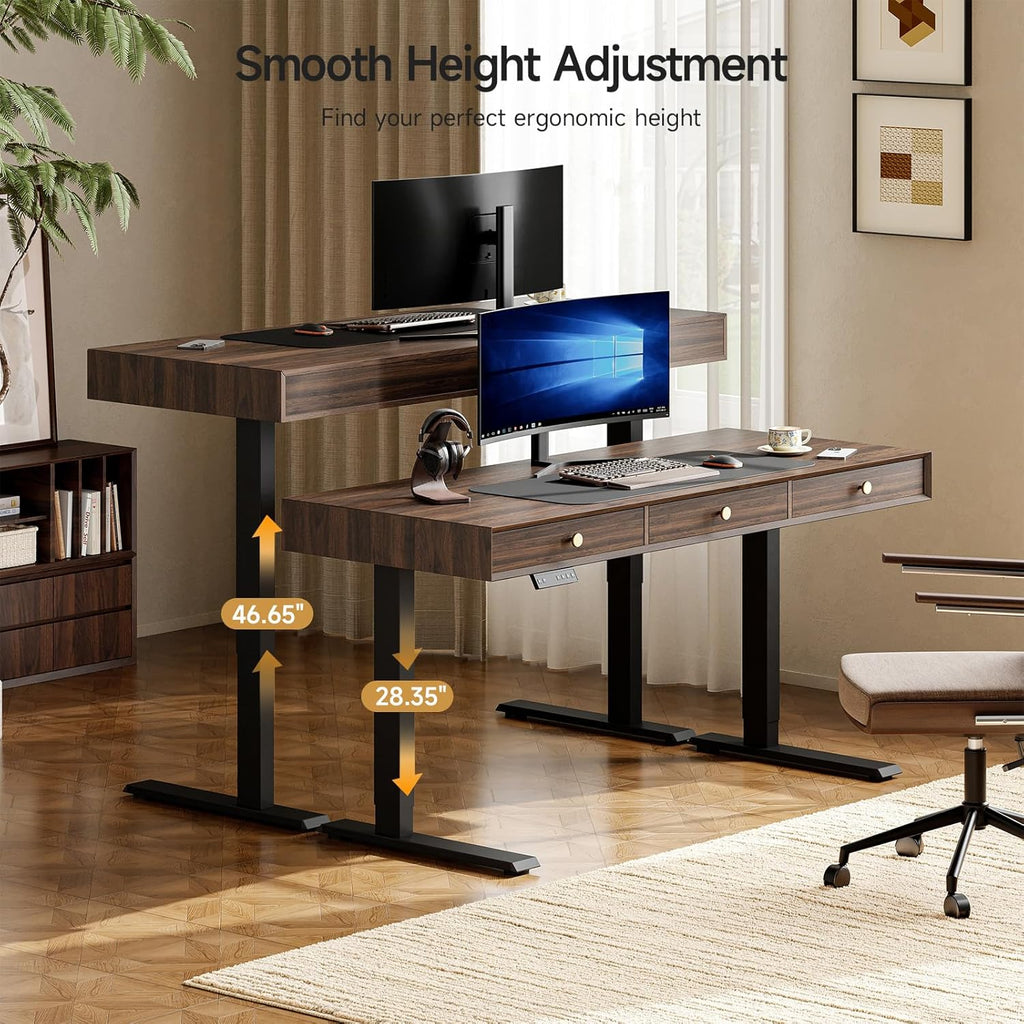 Electric Standing Desk with 3 Drawers, 63 x 24 Inch Height Adjustable Stand up Desk with Storage and Widened Legs, Retro Home Office Desks with Memory Controller for Computer Workstation, Walnut