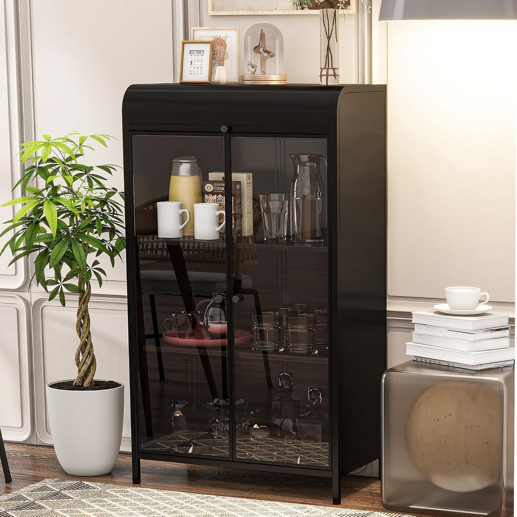 KEIKI 47.6" Tall Kitchen Pantry, Modern 4-Tier Sideboard Buffet Cabinet with Figured Glass Doors & Flip Top & Open Shelves, Industrial Metal Organizer for Living Room & Kitchen