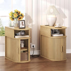 RALGEND Narrow End Table with Charging Station, Fluted Sofa Side Table with Sliding Curved Door and Storage Shelf, Mid-Century Bedside Table, Modern Nightstand for Living Room, Bedroom, Natural