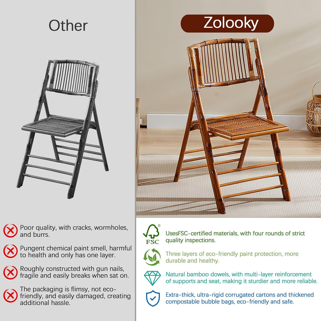 4 Pack Bamboo Folding Chair, Completely Upgraded Foldable Vintage Dining Chair with 330lb Handcrafted for Living Room Patio Garden Balcony Indoor/Outdoor (, Antique Brown)