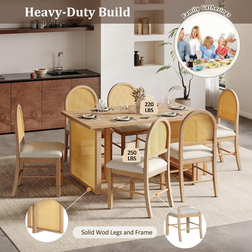 Merax 7-Piece Dining Table Set, Farmhouse Dining Table with Distressed Oak Veneer and 6 Chairs, Rustic Kitchen Furniture for Dining Room, Natural