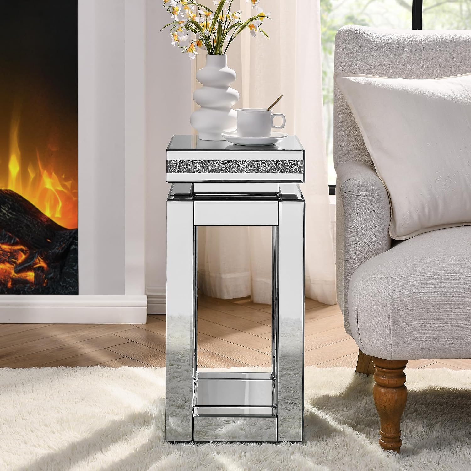IKIFLY Mirrored Nightstand with Storage, Silver End Table with Square Tabletop, Accent Beside Table with Crushed Diamond for Living Room, Bedroom and Office