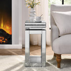 Modern Square Mirrored End Table, Easy Assembly Bedside Table with Crystal Inlay, Silver Square Sofa Side Table for Living Room, Elegant Mirror Finish 2-Tiers End Side Table,11.8" D x 11.8" W x 26" H