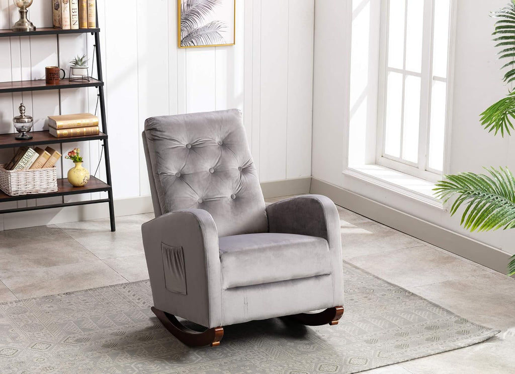 Dolonm Rocking Chair Mid-Century Modern Nursery Rocking Armchair Upholstered Tall Back Accent Glider Rocker for Living Room (Grey - Velvet)