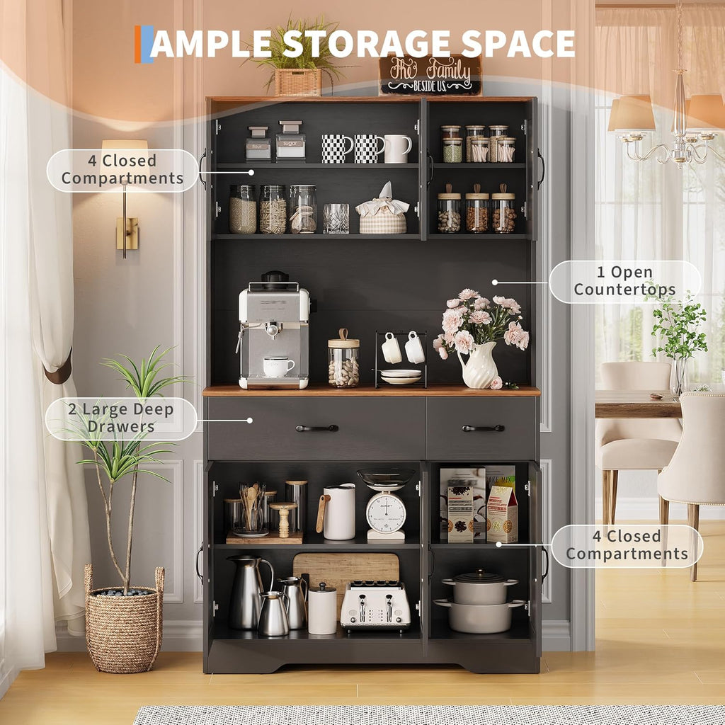 Pantry Cabinet with Charging Station,71'' Kitchen Pantry Cabinet with Microwave Shelf,Farmhouse Kitchen Hutch with Drawers,Door Shelves,Adjustable Shelves,for Dining Room,Living Room,Black