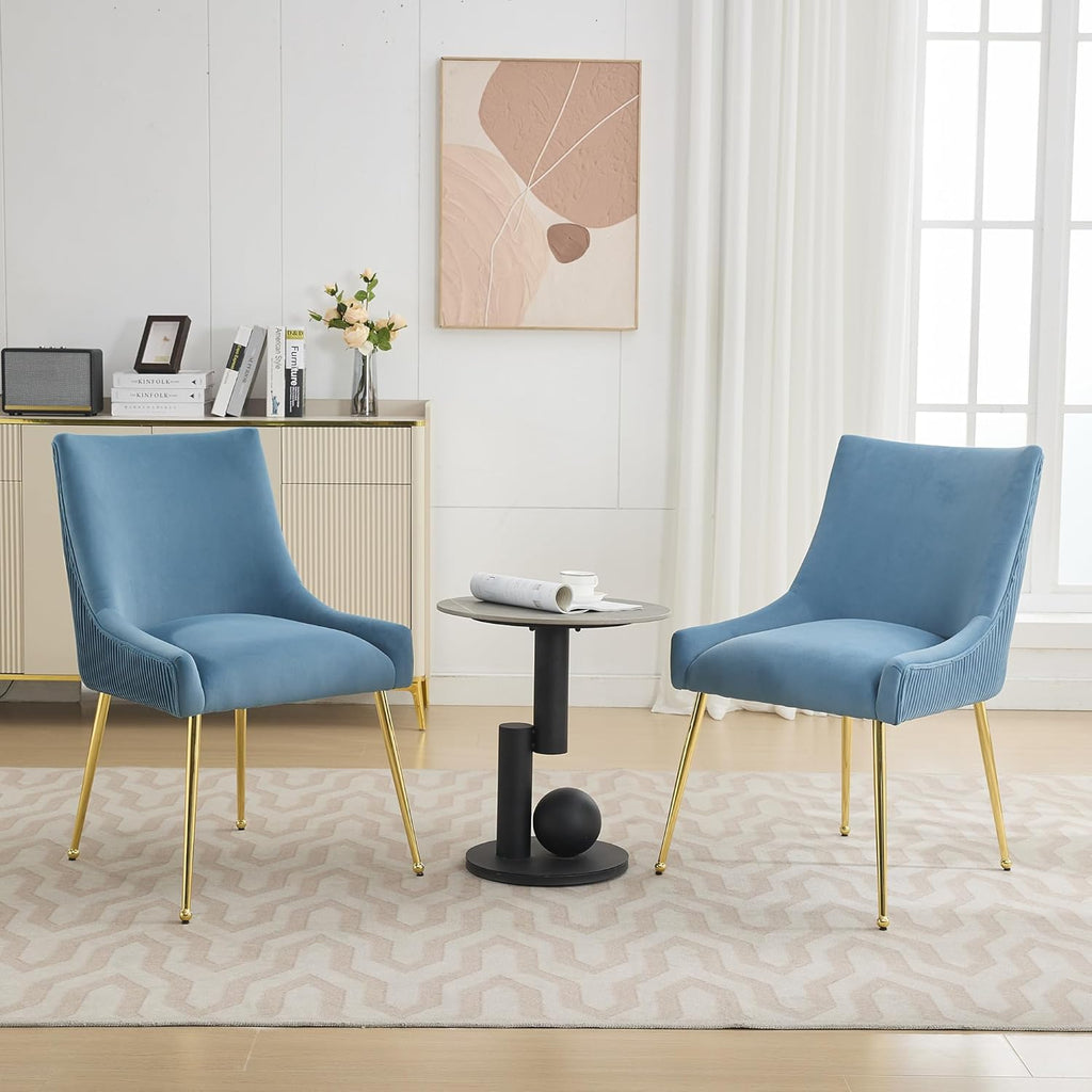 WUTUTUEE Velvet Dining Chairs Set of 2 Gold Legs,Upholstered Velvet Accent Chairs, Pleated Back Design & Gold Pull Handle, Mid Century Modern Chairs for Dining/Kitchen/Living Room,Light Blue