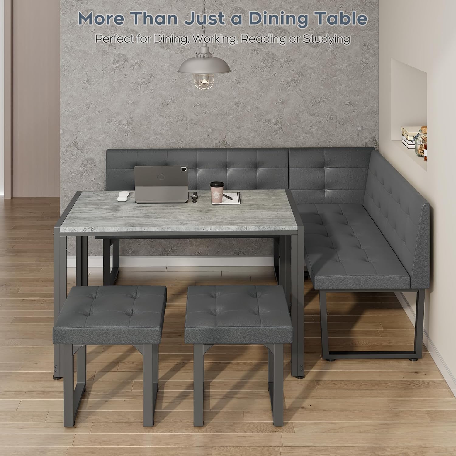 Yechen Corner Dining Table Set with Upholstered Banquette, 70 Inch 5-Piece Kitchen Breakfast Nook Table Set, Space Saving, Grey(Table, Bench, Dining Stools)