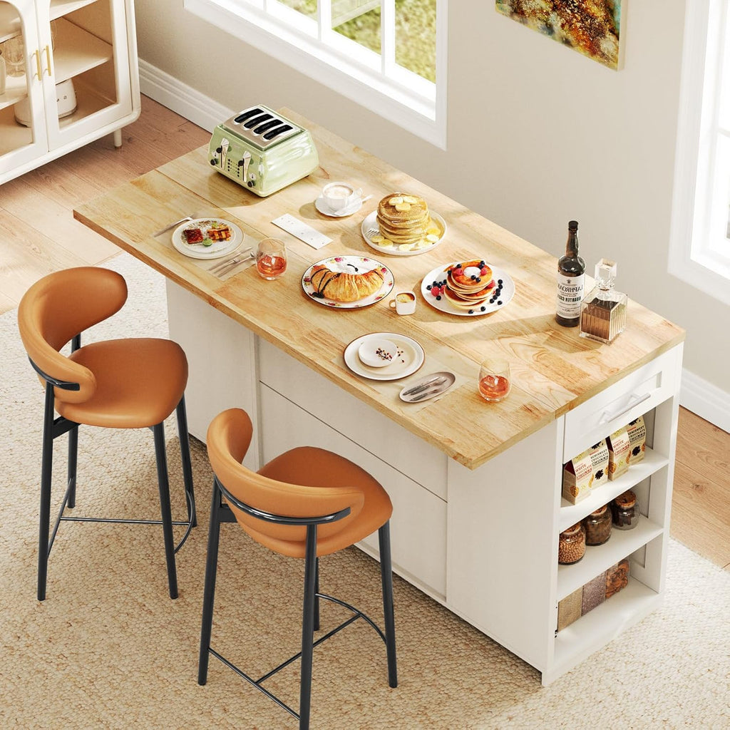 Dripex 53'' Rolling Kitchen Island with Power Outlet, Drop Leaf & Trash Can Storage, Large Island Cart on Wheels with Rubberwood Top, 4 Drawers, Open Shelves, for Kitchen, Dining Room (White)