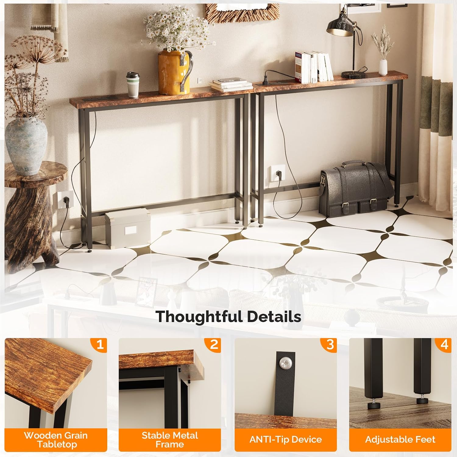 VINGLI 79" Console Table with Power Outlet, 5.9" Narrow Sofa Table Set of 2, Entryway Table with Charging Station & 4.9 Ft Extension Cord & Adjustable Feet, for Living Room, Hallway, Rustic Brown
