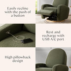 Babyletto Nami Electronic Power Recliner and Swivel Glider with USB Port in Olive Boucle with Light Wood Base, Water Repellent & Stain Resistant, Greenguard Gold and CertiPUR-US Certified