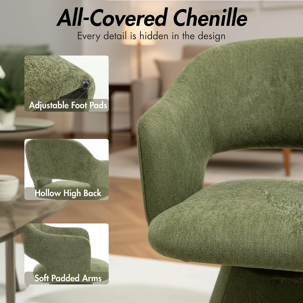 Hyfirm 360° Swivel Dining Chair with Arms Set of 2, Chenille Upholstered Barrel Accent Kitchen Chairs with Hollow High Back, Deskchair for Dining Room Bedroom Vanity, Moss Green