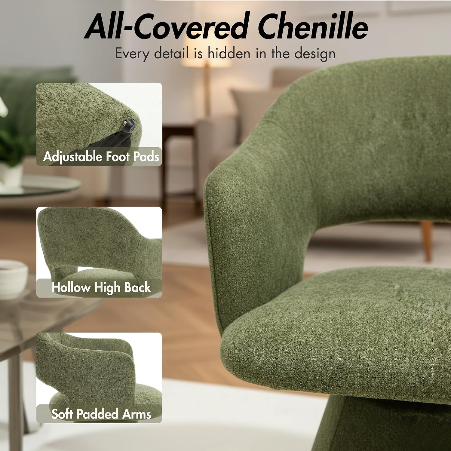 Hyfirm 360° Swivel Dining Chair with Arms Set of 2, Chenille Upholstered Barrel Accent Kitchen Chairs with Hollow High Back, Deskchair for Dining Room Bedroom Vanity, Moss Green