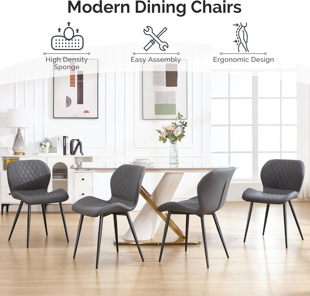 Dining Chairs Set of 4, Comfy Modern Dining Chairs with Thick Cushions, Upholstered Fabric Kitchen Side Chairs with Adjustable Metal Legs for Dining Room (Dark Grey)