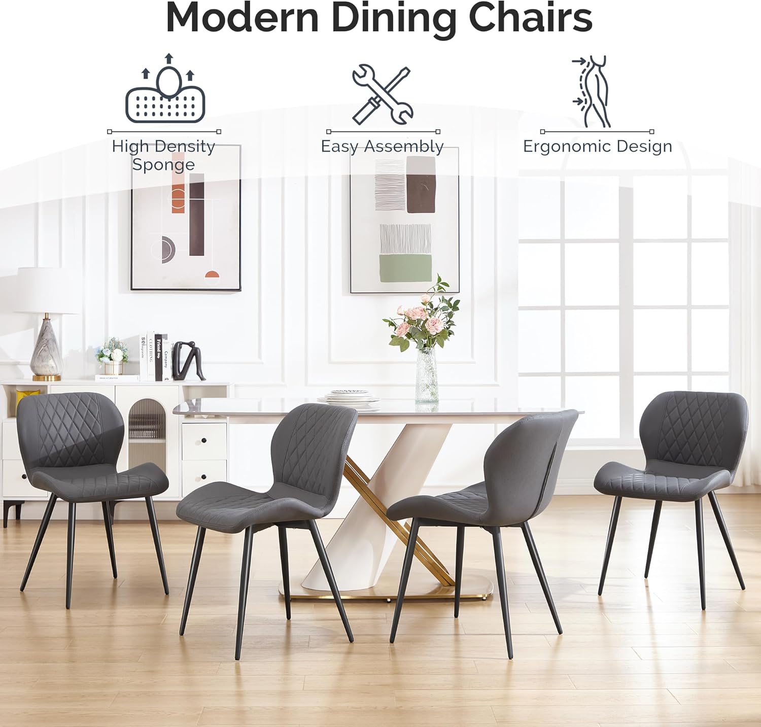 Dining Chairs Set of 4, Comfy Modern Dining Chairs with Thick Cushions, Upholstered Fabric Kitchen Side Chairs with Adjustable Metal Legs for Dining Room (Dark Grey)