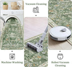 Yamaziot Washable Runner Rug 2x8 – Non Slip Boho Floral Hallway Runner Rug with Rubber Backing, Low Pile Wool Distressed Carpet for Kitchen, Laundry, Bedroom, Entrance, Mottled Green