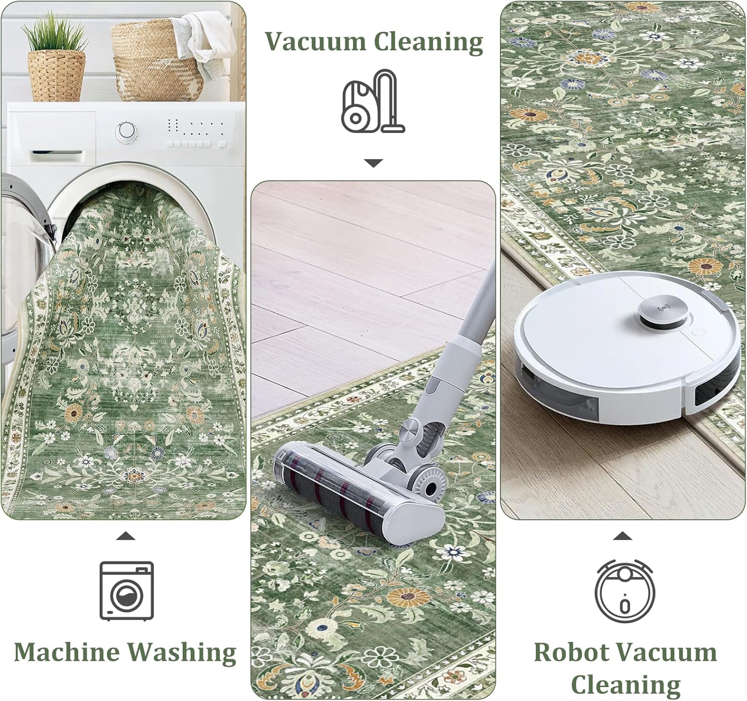 Yamaziot Washable Runner Rug 2x8 – Non Slip Boho Floral Hallway Runner Rug with Rubber Backing, Low Pile Wool Distressed Carpet for Kitchen, Laundry, Bedroom, Entrance, Mottled Green