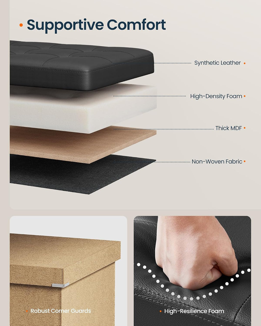 SONGMICS HOME Foldable Foot Rest Stool, Storage Ottoman, Tufted Design, PU Leather, for Entryway, Living Room, 43.2 Inches, Black