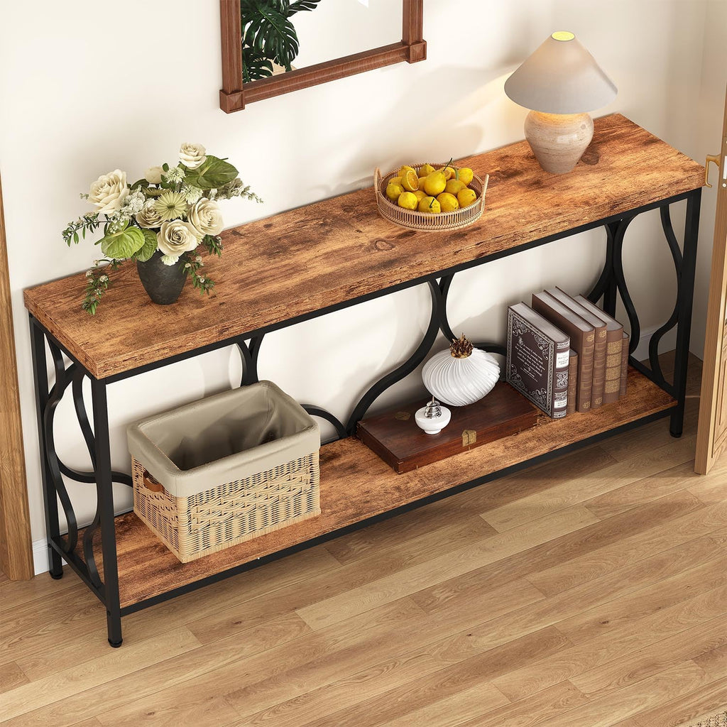 IBF 63 Inches Long Farmhouse Entryway Table, Rustic Wood Metal Sofa Console Table with Storage Shelves, Narrow Industrial Behind Couch Entry Hallway Table for Home Living Room, Rustic Brown Oak