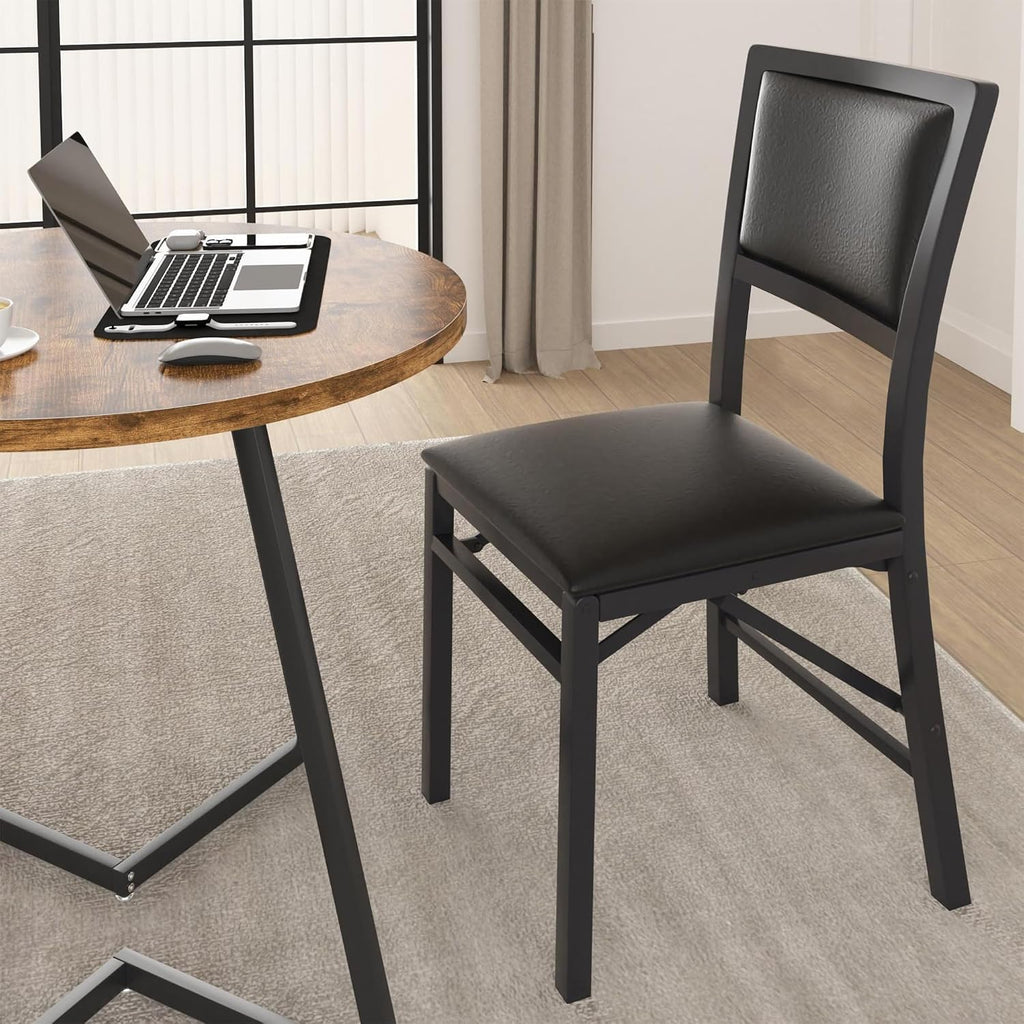 VECELO Folding Dining Chairs Set of 2, Metal Padded Foldable Seating with Comfortable Faux Leather, Space-Saving Portable Guest Seats for Kitchen & Office, No Assembly, Black