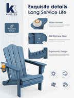 KINGYES Folding Adirondack Chair Set of 2, HDPE All-Weather Patio Chairs with Cup Holder, Wooden Textured Fire Pit Chairs for Poolside, Backyard, Deck, Navy