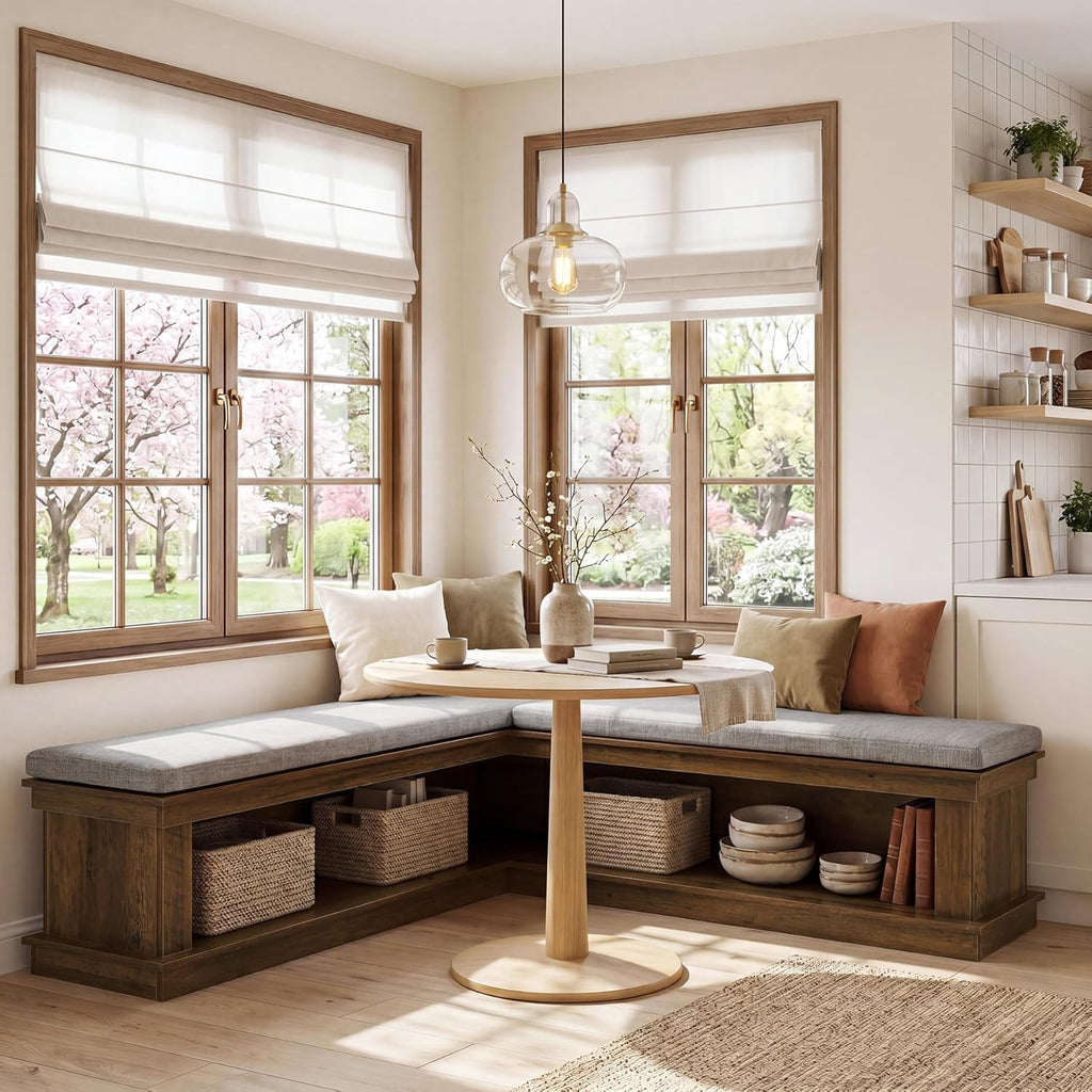 Tribesigns L-Shaped Storage Bench with Cushion, 63" Farmhouse Wooden Corner Entryway Shoe Bench with Open Shelves, L-Shaped Kitchen Nook Seating for Living Room, Hallway, Rustic Brown & Beige