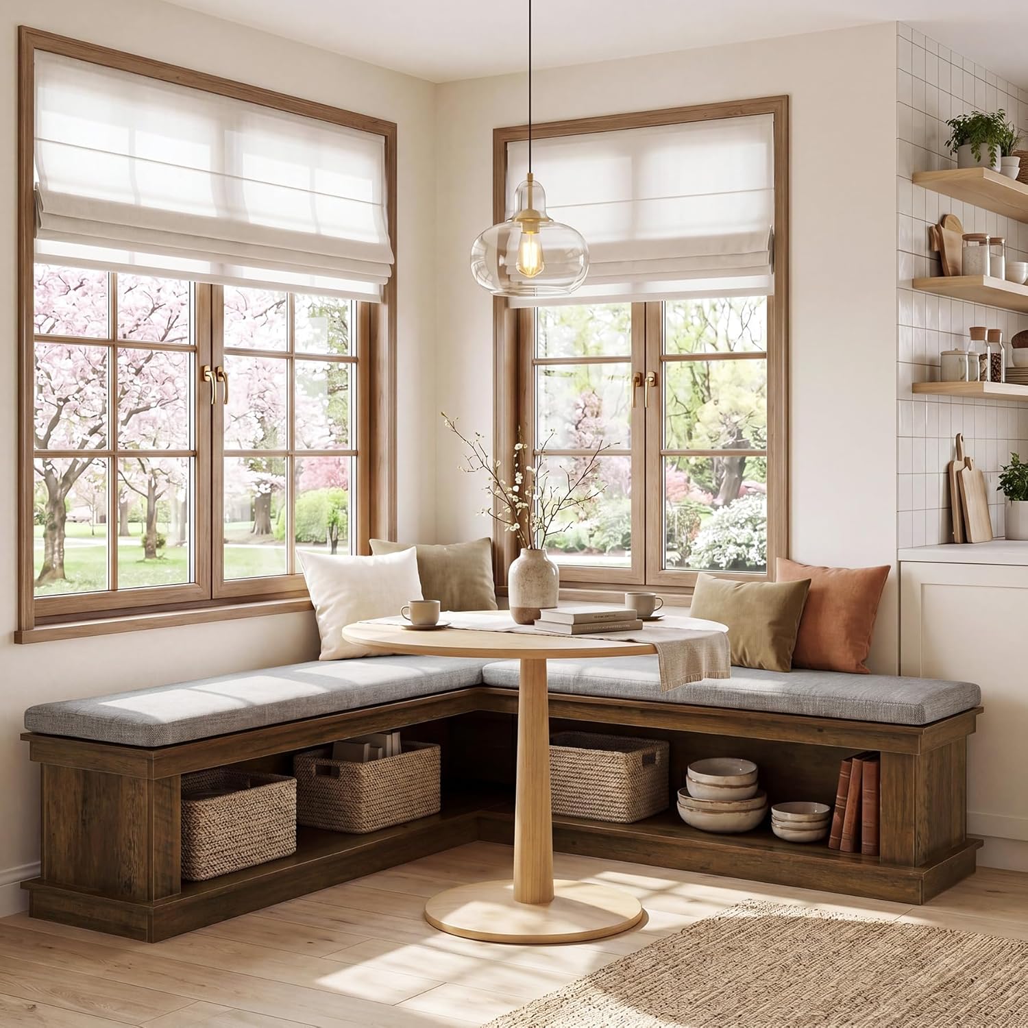 Tribesigns L-Shaped Storage Bench with Cushion, 63" Farmhouse Wooden Corner Entryway Shoe Bench with Open Shelves, L-Shaped Kitchen Nook Seating for Living Room, Hallway, Rustic Brown & Beige