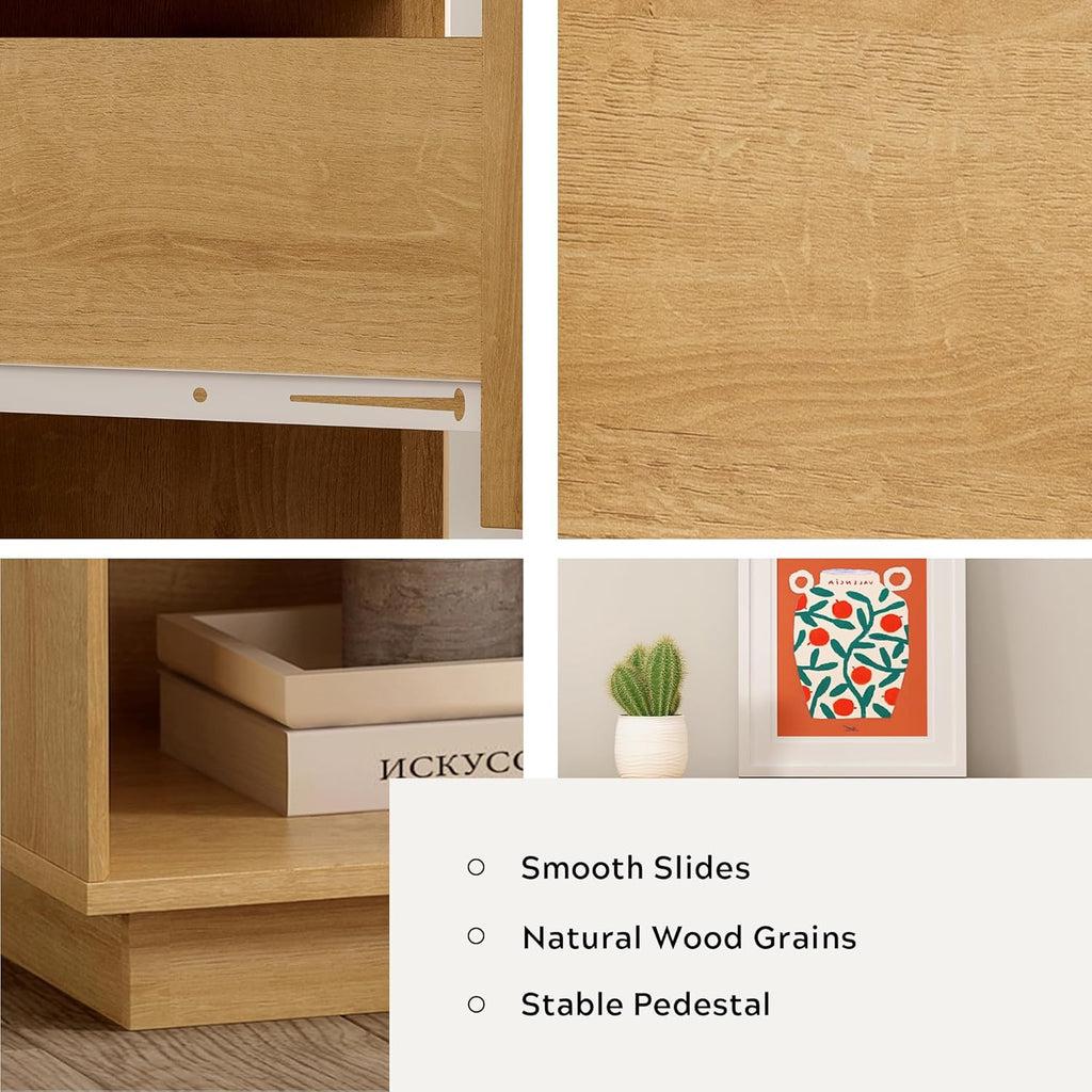 Wood End Side Table Modern Farmhouse Nightstand Bedside Cabinet with Storage Drawer and Open Shelf for Bedroom, Living Room, Natural Oak