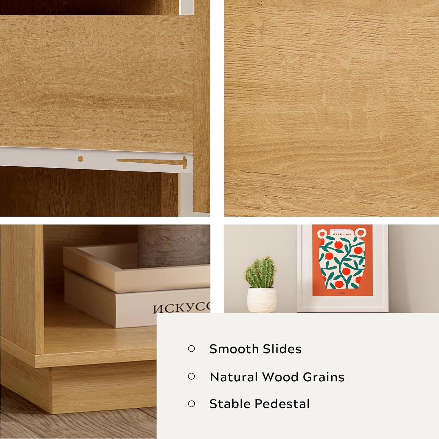 Wood End Side Table Modern Farmhouse Nightstand Bedside Cabinet with Storage Drawer and Open Shelf for Bedroom, Living Room, Natural Oak