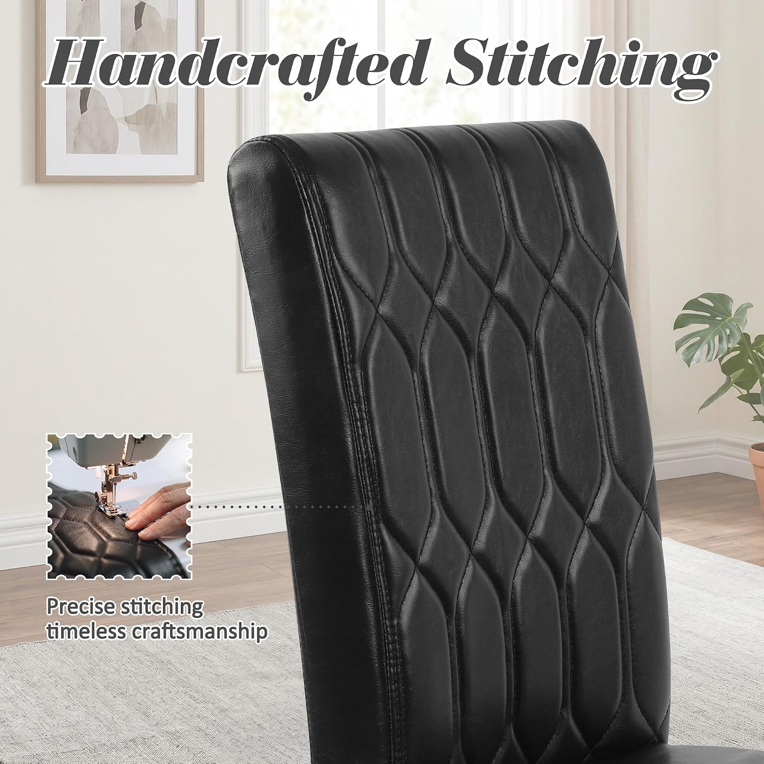 LSSPAID Dining Chairs Set of 6, Upholstered Leather Parsons Dining Room Chairs with Unique Tufted Back & Solid Wood Legs, Modern Armless Side Chairs for Kitchen Restaurant Home, Black