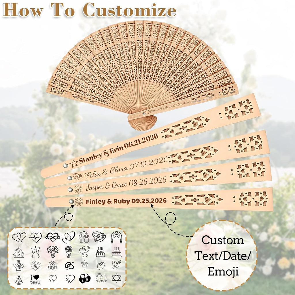 ZFN 1-200 Pcs Personalized Wedding Fans Custom Folding Hand Fan Custom Fan Wooden Folding Hand Engraving Name/Date for Wedding Baby Shower Party Favors (50Pcs)