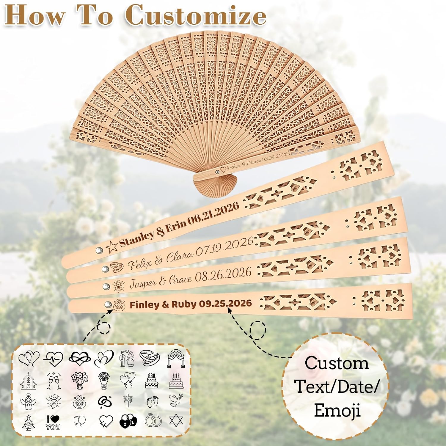 ZFN 1-200 Pcs Personalized Wedding Fans Custom Folding Hand Fan Custom Fan Wooden Folding Hand Engraving Name/Date for Wedding Baby Shower Party Favors (50Pcs)