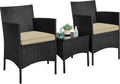 Yaheetech 3 Pieces Patio Conversation Set, Outdoor Rattan Bistro Furniture, 2 Chairs with Cushions & 1 Side Table for Bistro/Porch/Garden/Deck/Courtyard, Black/Khaki