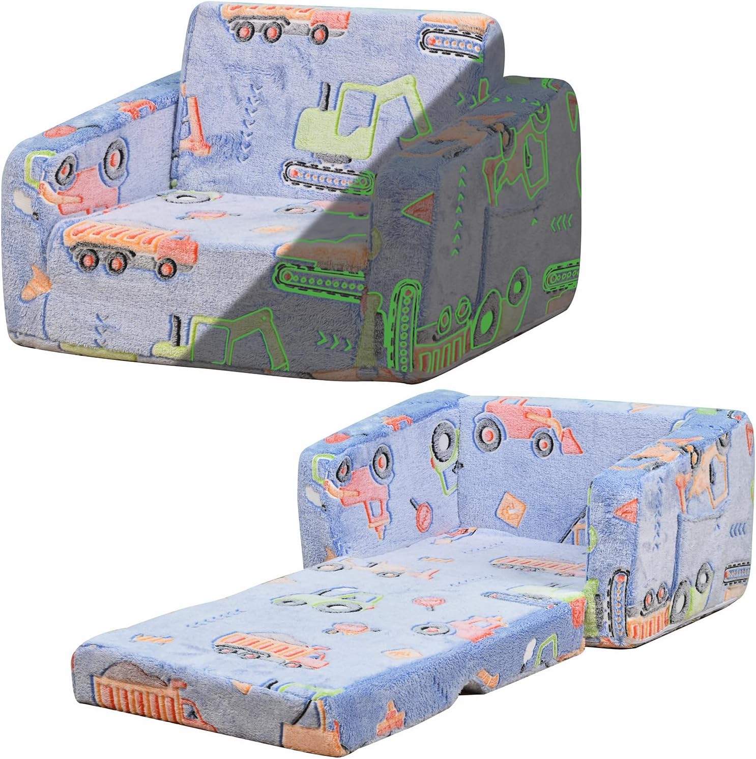 Toddler Couch 2-in-1 Glow in The Dark - Convertible Kids Sofa Chair to Lounger, Soft Plush Fold-Out Sofa Bed with Side Pocket, Washable Cover, Safe Non-Toxic Furniture for Boys Girls (Blue Car)