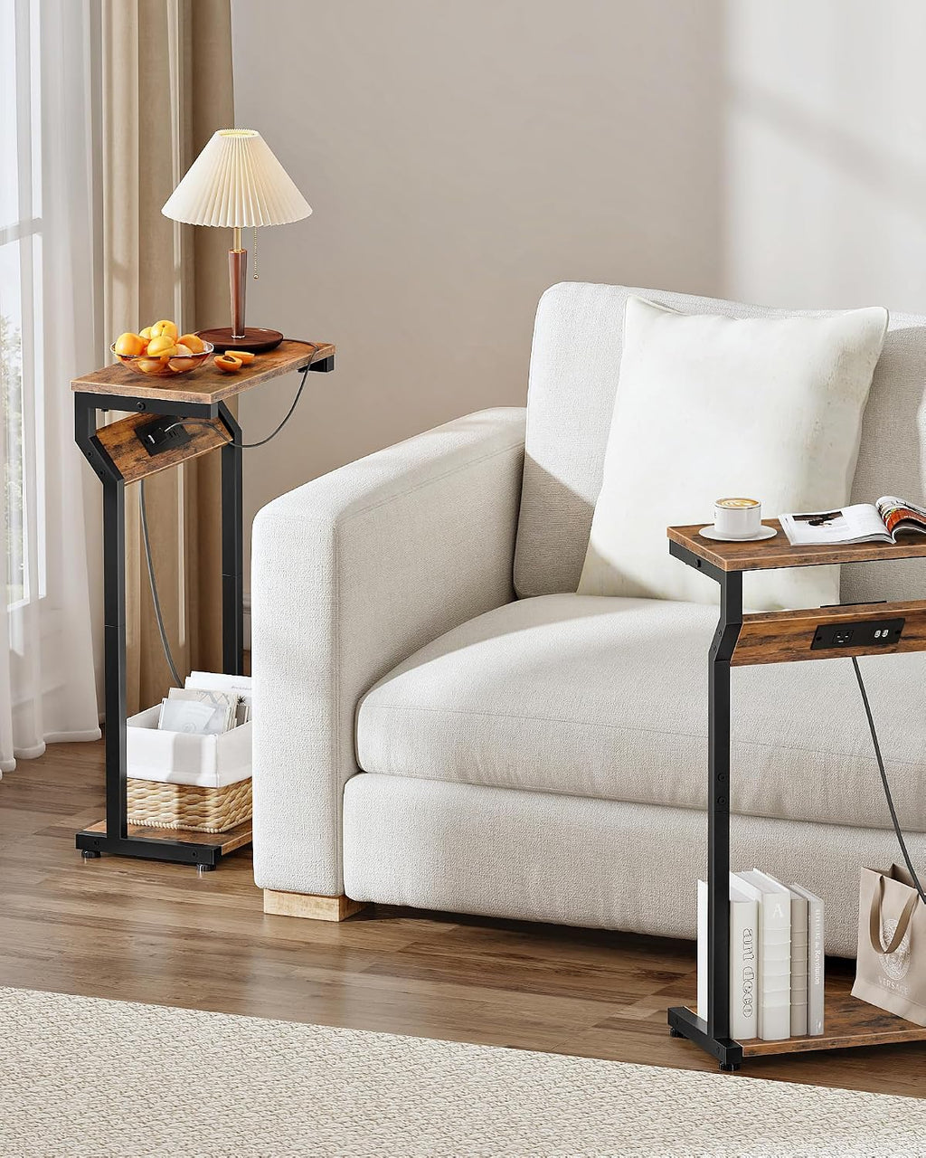 CHOEZON Small Side Table and Narrow Side Table with Charging Station Bundle, Couch Table for Small Spaces, Slim Bedside Table, for Nursery, Living Room, Bedroom, Rustic Brown TBZ13BF-TBZ27UBF