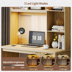 FREDEES LED Study Desk with Hutch, Home Office Desk with Charging Station & Storage Drawer, 70'H Writing Table with Glass Display Cabinet, 3 Color Light Computer Desks for Study, Wood