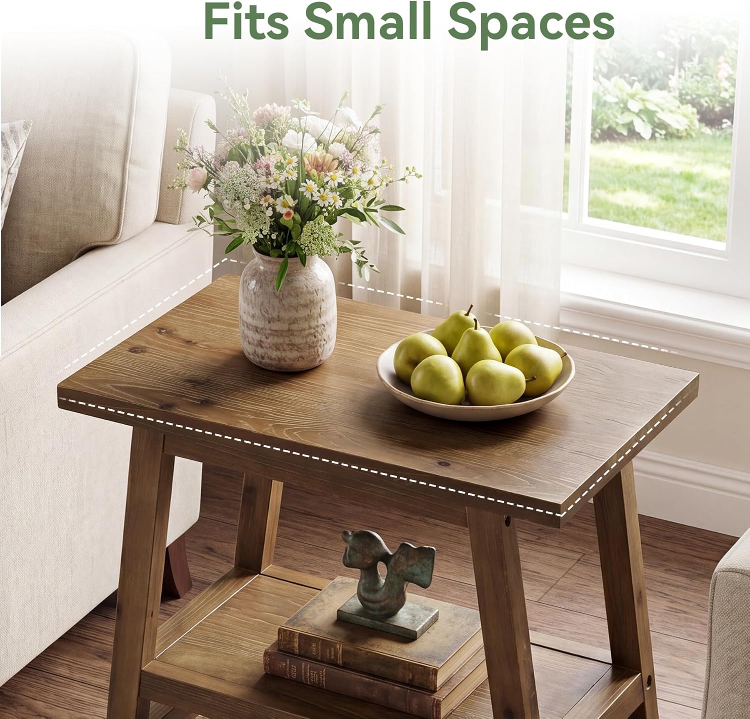 Solid Wood End Table, 2-Tier Small Side Table with Stable A-Frame, Farmhouse Narrow Nightstand, Rectangular Slim Accent Bedside Furniture for Small Spaces, Living Room, Bedroom