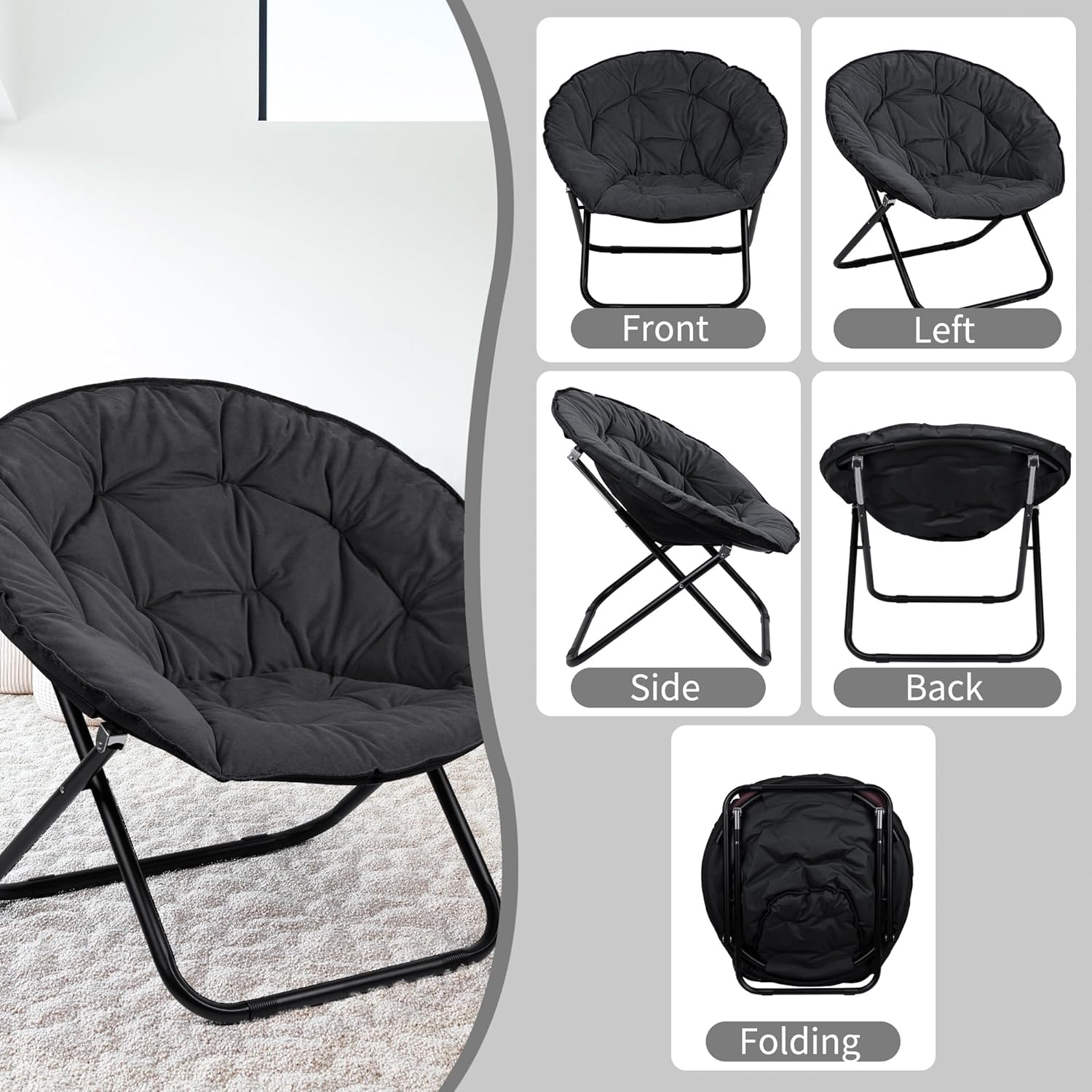 Grezone Folding Faux Fur Saucer Chair,Portable Folding Soft Moon Chair for Bedroom, Dorm Rooms, Apartments, Lounging, Garden and Courtyard, Black