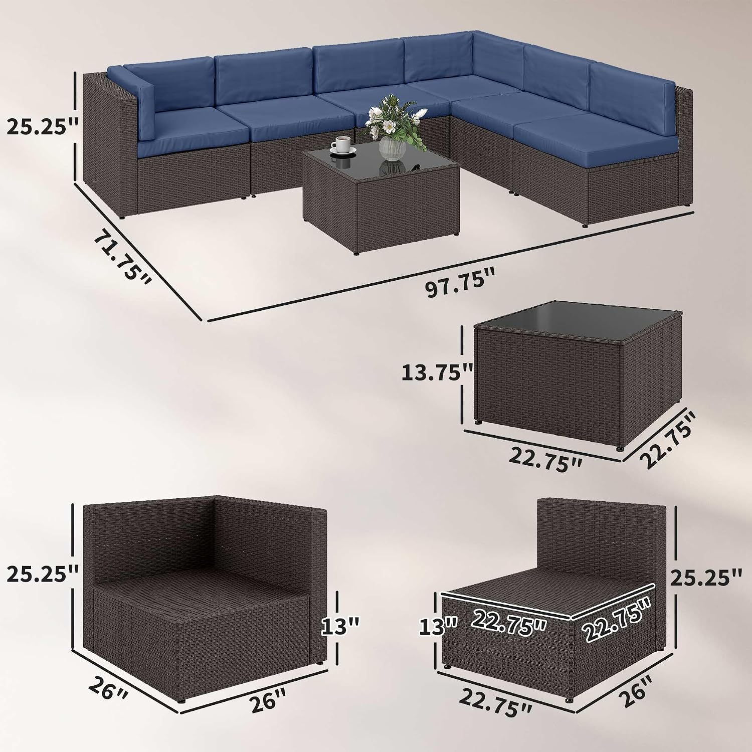 Outsunny 7 Piece Patio Furniture Set, Wicker Outdoor Sectional Sofa Set, All Weather PE Rattan Outdoor Furniture Conversation Sets with Cushions, Glass Top Coffee Table, Dark Blue