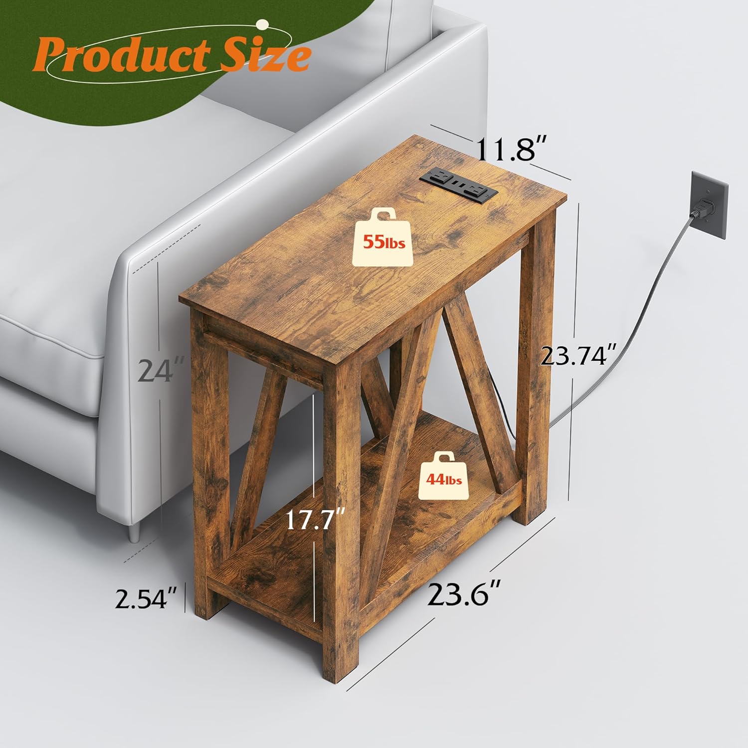 WLIVE Farmhouse End Table, Narrow Side Table with Charging Station, Slim End Table, Side Table for Bedroom, Living Room, Small Spaces, 2 USB and 2 Power Outlets, Rustic Brown