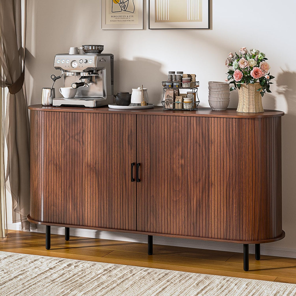 TAVATA Sideboard Buffet Cabinet with Storage, 55" Fluted Storage Cabinet with Tambour Sliding Doors, Wood Coffee Bar Console Table for Living Room Hallway Entryway (Walnut)