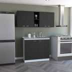 2-Piece Kitchen Set (Black/White) – 150cm Wall Cabinet + Utility Sink with Cabinet, Easy-Assemble Interlocking Design