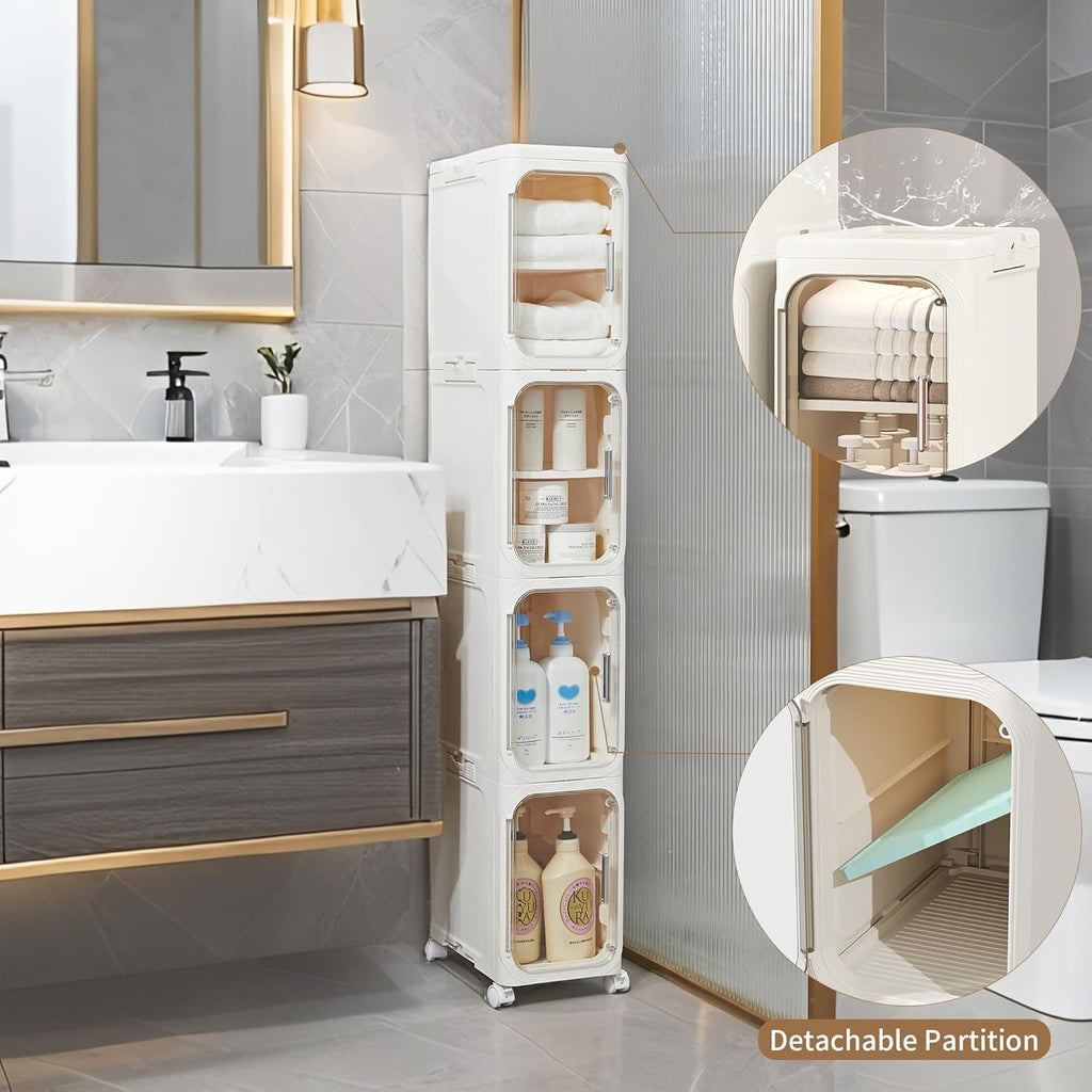 LXLXXL Narrow Storage Cabinet Slim Bathroom Storage Cabinet with Movable Wheels Tall Bathroom Organizer Skinny Cabinet for Small Spaces，2-Tier Beige