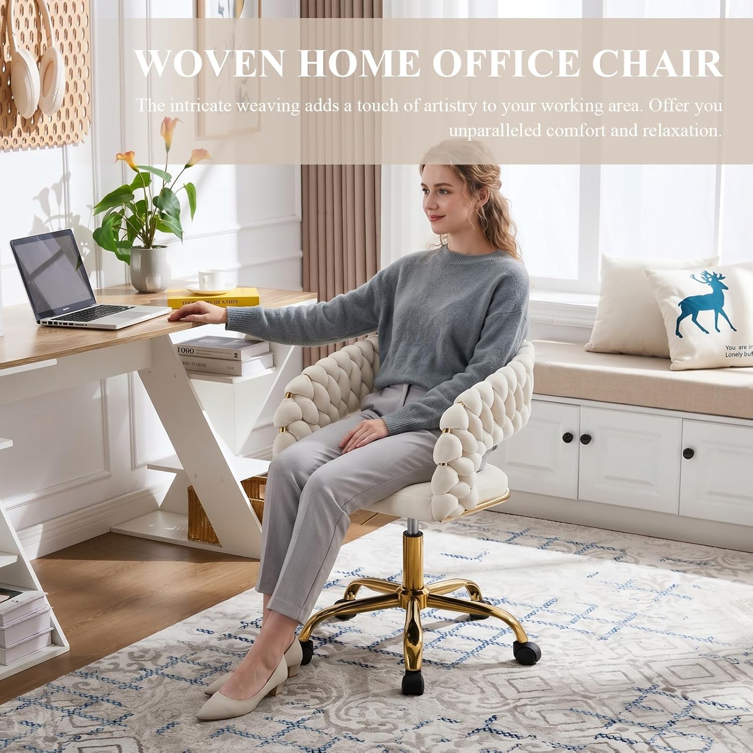 NIOIIKIT Woven Home Office Chair, Velvet Upholstered Desk Chair with Open Back, Height Adjustable Task Chair, Office Armchair with Wheels, Vanity Chair, Computer Chair for Office (Beige)