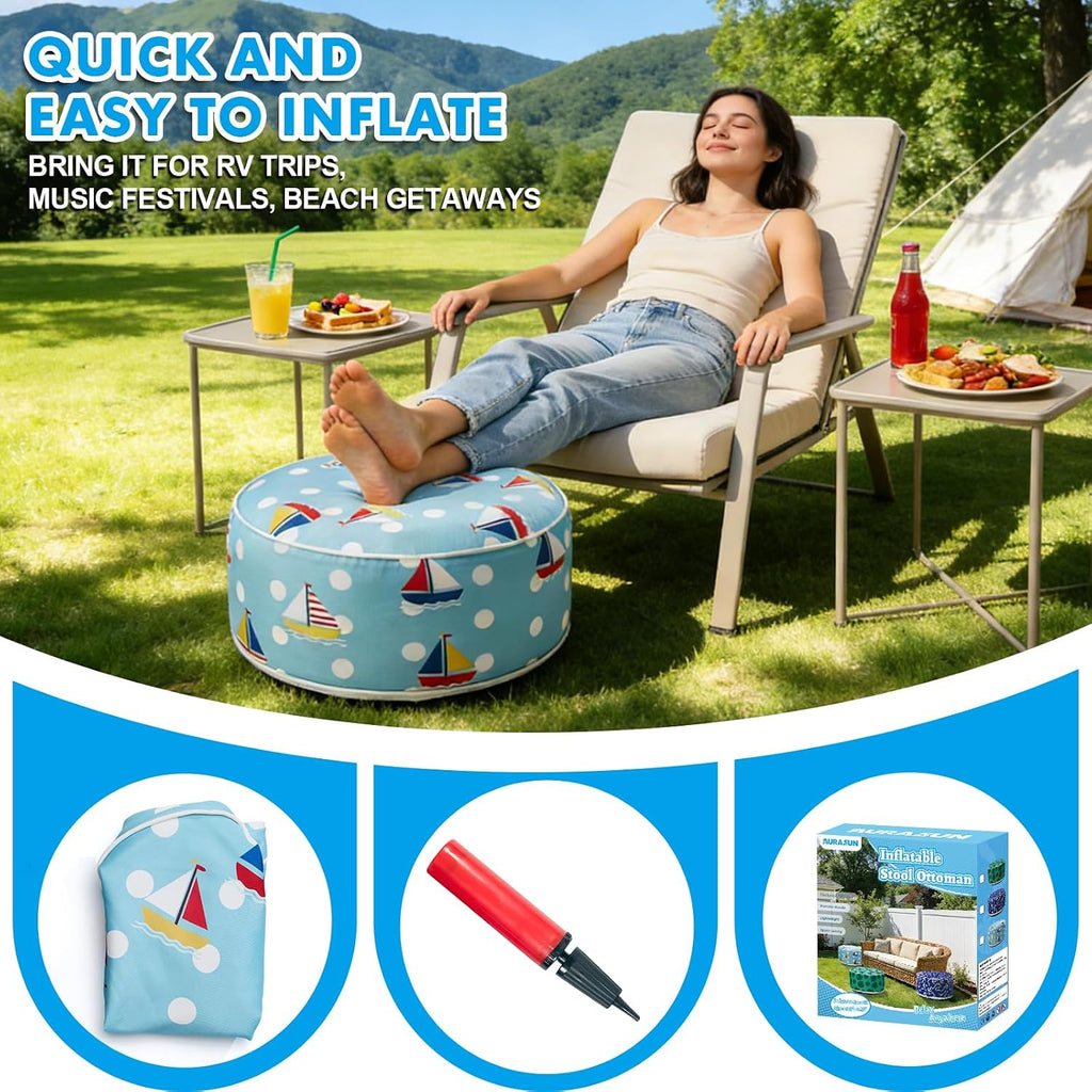 AURASUN Inflatable Outdoor Ottoman Pouf - Portable Footstool with Handle D20” x H10” - Air Pump Included for Outdoor Indoor Use - Comfortable Foot Rest or Seating for Camping or Pool (Light Blue)
