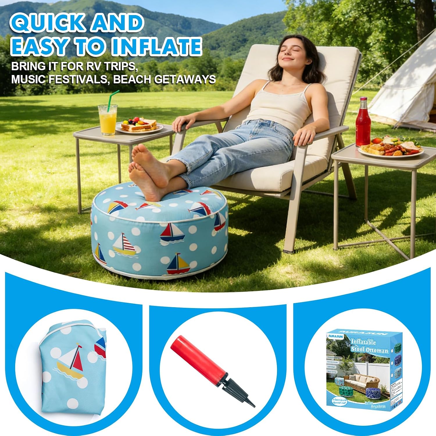 AURASUN Inflatable Outdoor Ottoman Pouf - Portable Footstool with Handle D20” x H10” - Air Pump Included for Outdoor Indoor Use - Comfortable Foot Rest or Seating for Camping or Pool (Light Blue)