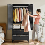 BYNSOE 71" Tall Metal Wardrobe Closet with 2 Drawers, Steel Armoire Cabinet with Hanging Rod and Adjustable Shelves, Freestanding Clothes Storage Organizer for Bedroom(Black, with 2 Drawers)