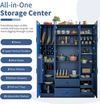 Merax Modern Large Kitchen Pantry with 6 Doors, 53.2''Lx17.7''W Storage Cabinet Cupboard with Drawers, Adjustable Shelves, Pull-Out Trays and Wine Rack for Dining Room, Blue